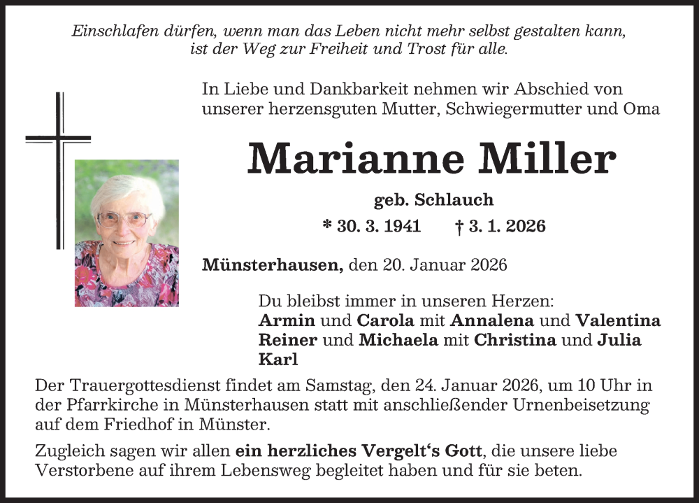  Traueranzeige für Marianne Miller vom 20.01.2026 aus Mittelschwäbische Nachrichten
