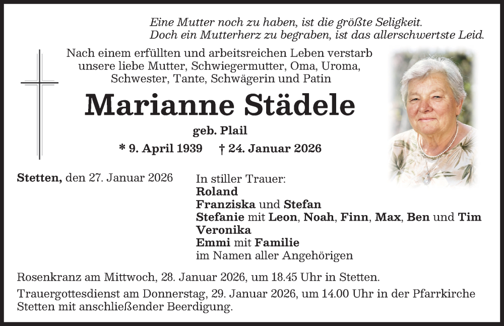  Traueranzeige für Marianne Städele vom 27.01.2026 aus Mindelheimer Zeitung