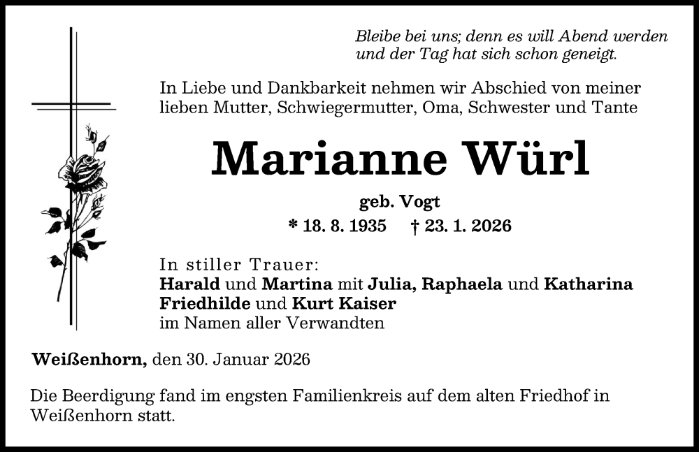  Traueranzeige für Marianne Würl vom 30.01.2026 aus Neu-Ulmer Zeitung