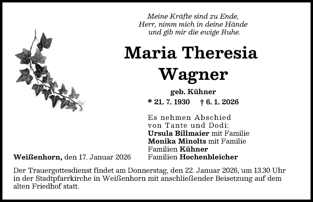  Traueranzeige für Maria Theresia Wagner vom 17.01.2026 aus Neu-Ulmer Zeitung