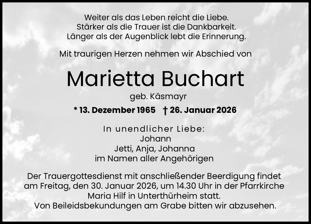  Traueranzeige für Marietta Buchart vom 29.01.2026 aus Wertinger Zeitung
