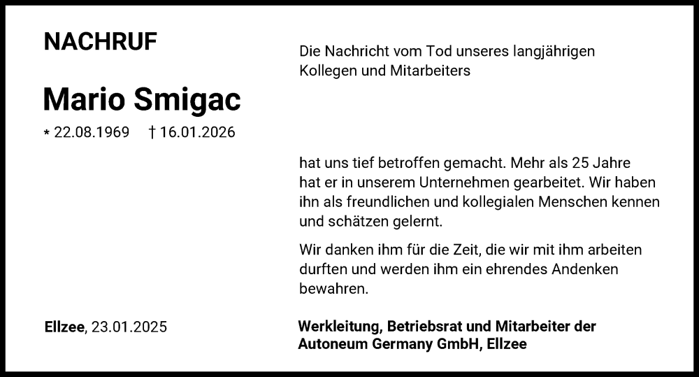  Traueranzeige für Mario Smigac vom 23.01.2026 aus Mittelschwäbische Nachrichten