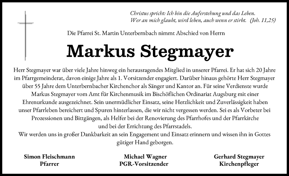  Traueranzeige für Markus Stegmayer vom 22.01.2026 aus Aichacher Nachrichten