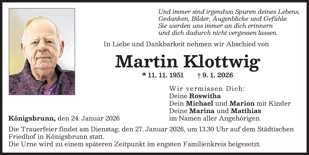  Traueranzeige für Martin Klottwig vom 24.01.2026 aus Augsburger Allgemeine