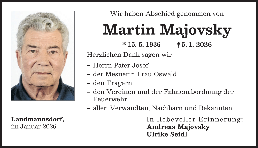  Traueranzeige für Martin Majovsky vom 24.01.2026 aus Aichacher Nachrichten, Friedberger Allgemeine