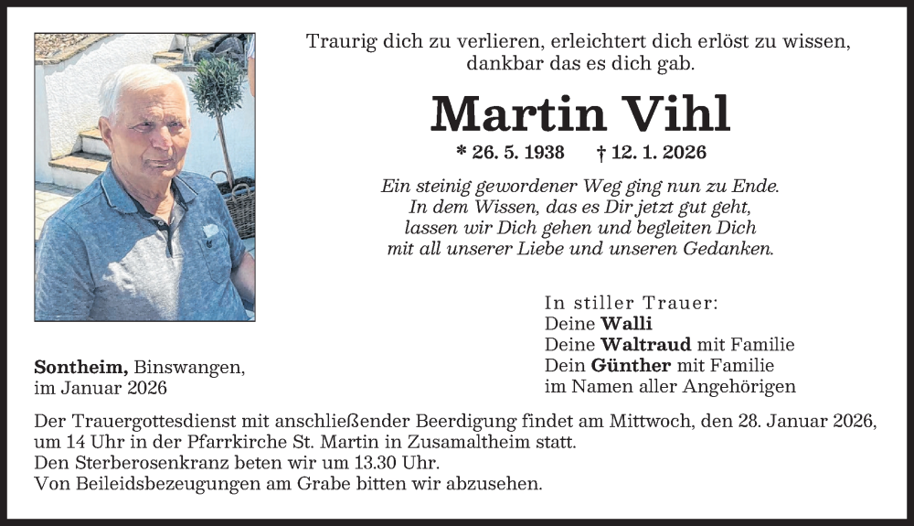  Traueranzeige für Martin Vihl vom 24.01.2026 aus Wertinger Zeitung