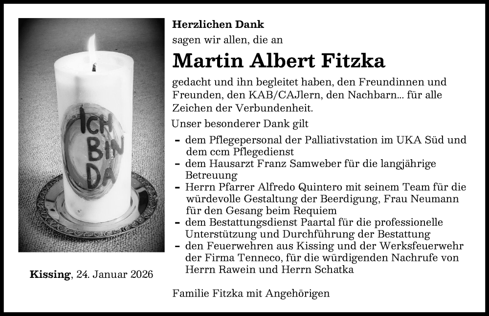  Traueranzeige für Martin Albert Fitzka vom 24.01.2026 aus Friedberger Allgemeine