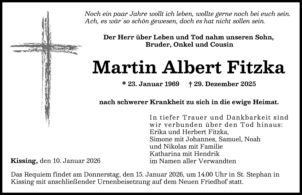  Traueranzeige für Martin Albert Fitzka vom 10.01.2026 aus Friedberger Allgemeine