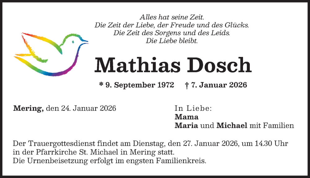  Traueranzeige für Mathias Dosch vom 24.01.2026 aus Friedberger Allgemeine