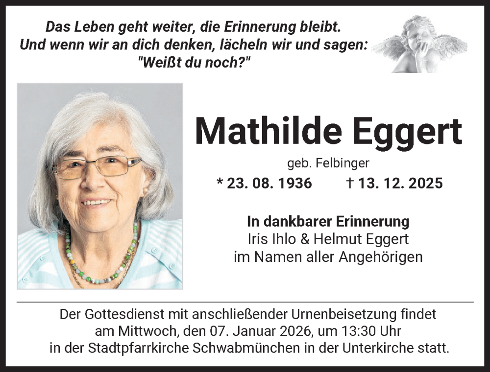 Traueranzeige von Mathilde Eggert von Schwabmünchner Allgemeine