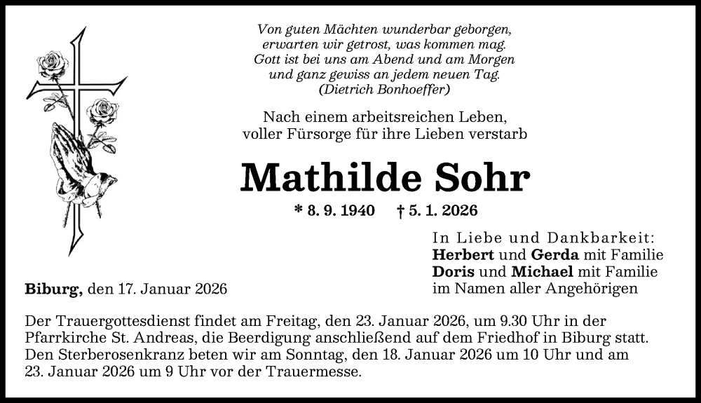  Traueranzeige für Mathilde Sohr vom 17.01.2026 aus Augsburg-Land