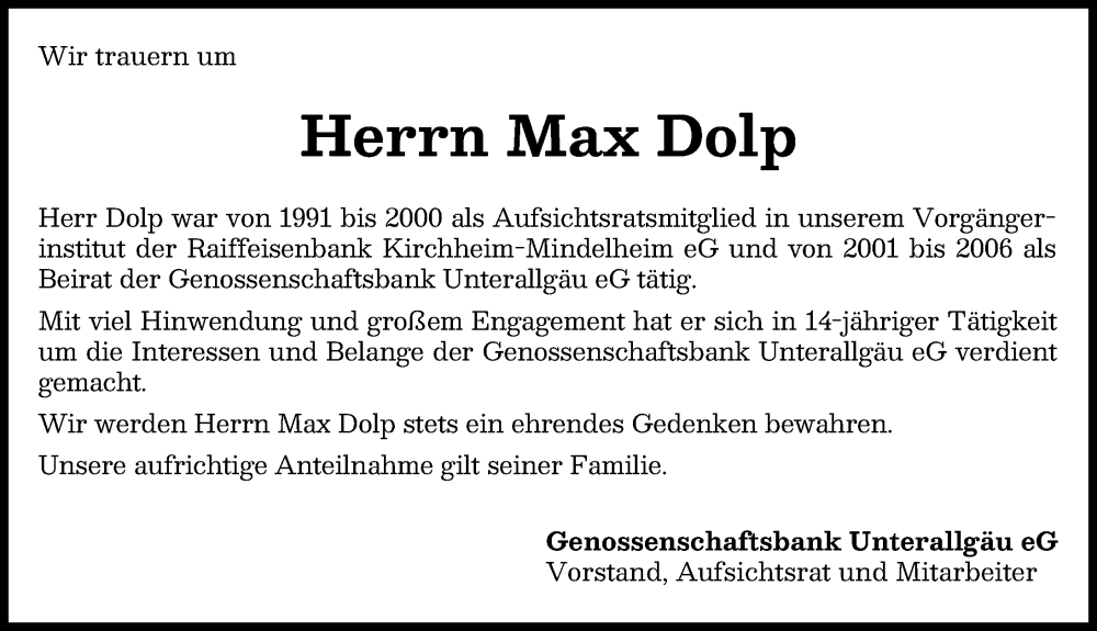  Traueranzeige für Max Dolp vom 20.01.2026 aus Mindelheimer Zeitung