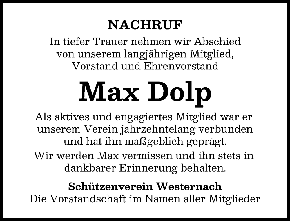  Traueranzeige für Max Dolp vom 17.01.2026 aus Mindelheimer Zeitung