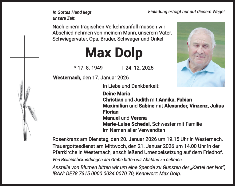  Traueranzeige für Max Dolp vom 17.01.2026 aus Mindelheimer Zeitung