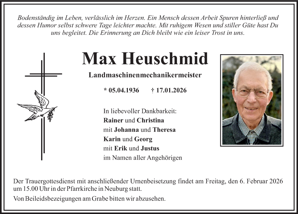  Traueranzeige für Max Heuschmid vom 31.01.2026 aus Mittelschwäbische Nachrichten