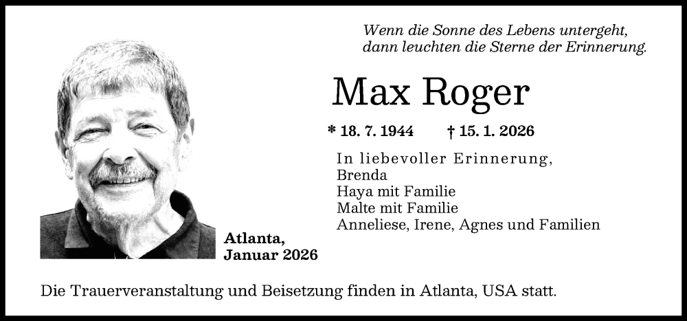  Traueranzeige für Max Roger vom 24.01.2026 aus Donauwörther Zeitung