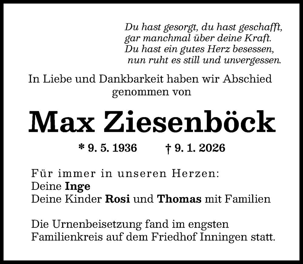  Traueranzeige für Max Ziesenböck vom 24.01.2026 aus Augsburger Allgemeine