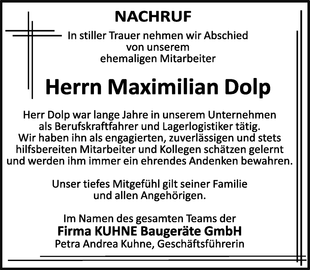  Traueranzeige für Maximilian Dolp vom 20.01.2026 aus Mindelheimer Zeitung