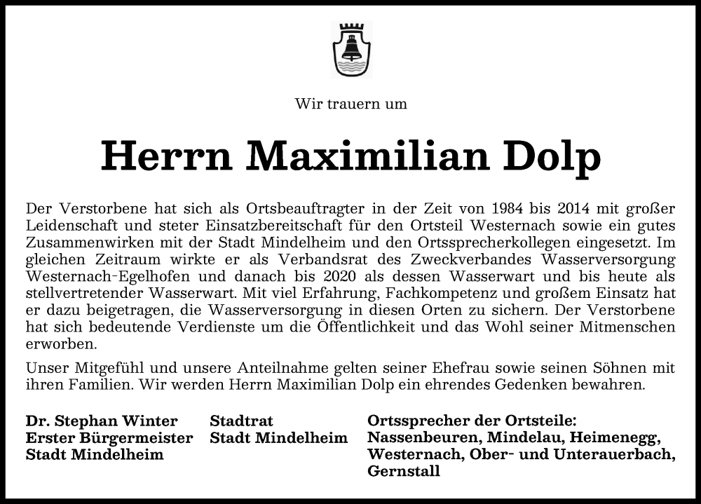  Traueranzeige für Maximilian Dolp vom 17.01.2026 aus Mindelheimer Zeitung