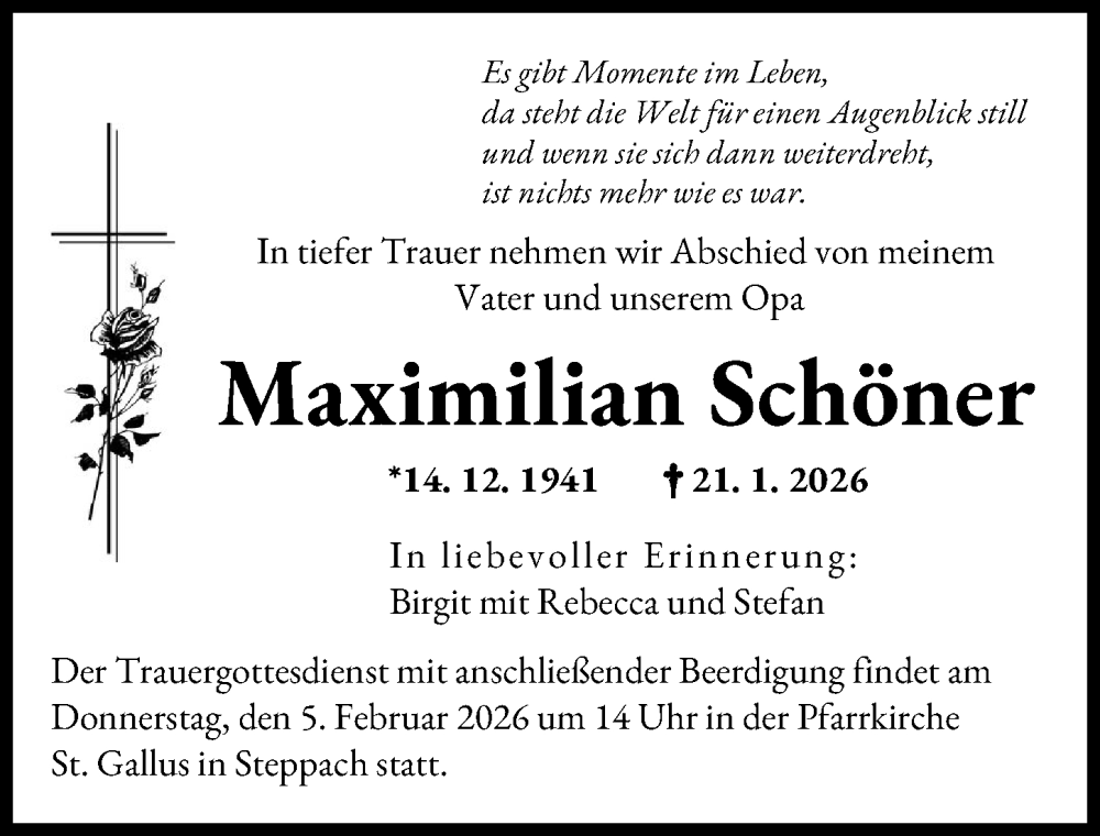  Traueranzeige für Maximilian Schöner vom 31.01.2026 aus Augsburger Allgemeine
