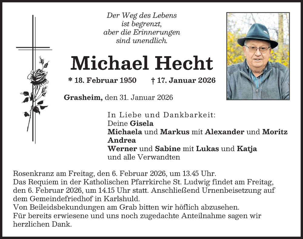  Traueranzeige für Michael Hecht vom 31.01.2026 aus Neuburger Rundschau