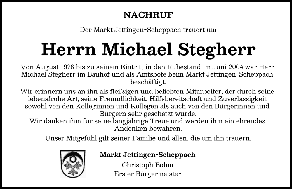 Traueranzeige von Michael Stegherr von Günzburger Zeitung
