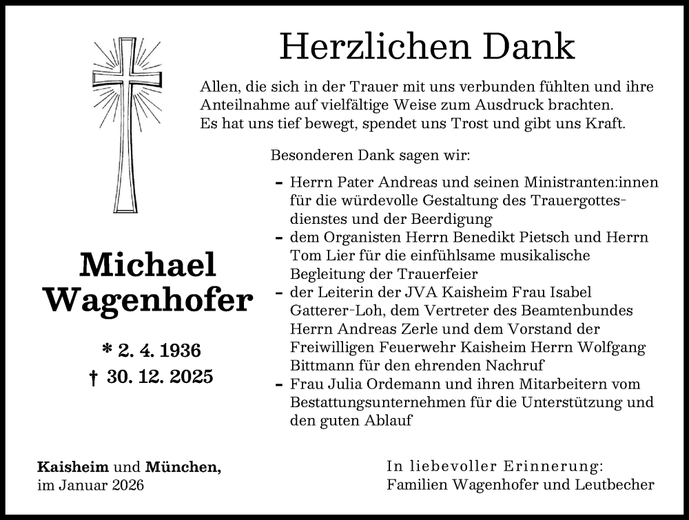 Traueranzeige von Michael Wagenhofer von Donauwörther Zeitung