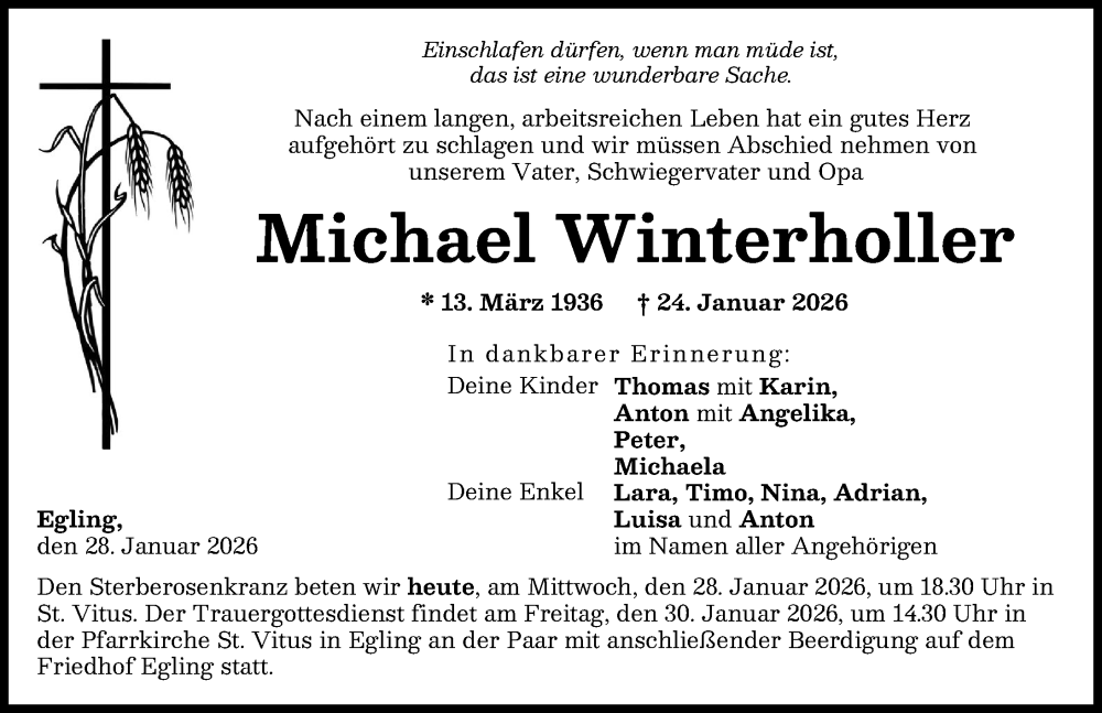  Traueranzeige für Michael Winterholler vom 28.01.2026 aus Landsberger Tagblatt