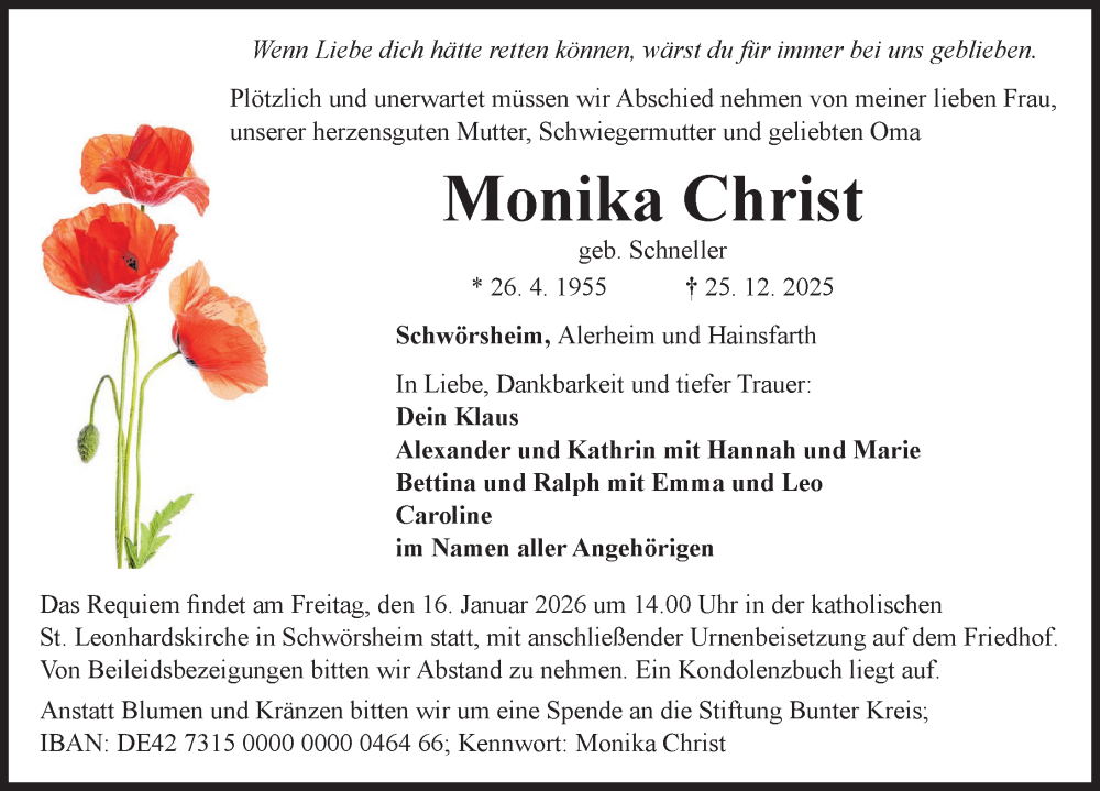  Traueranzeige für Monika Christ vom 14.01.2026 aus Rieser Nachrichten