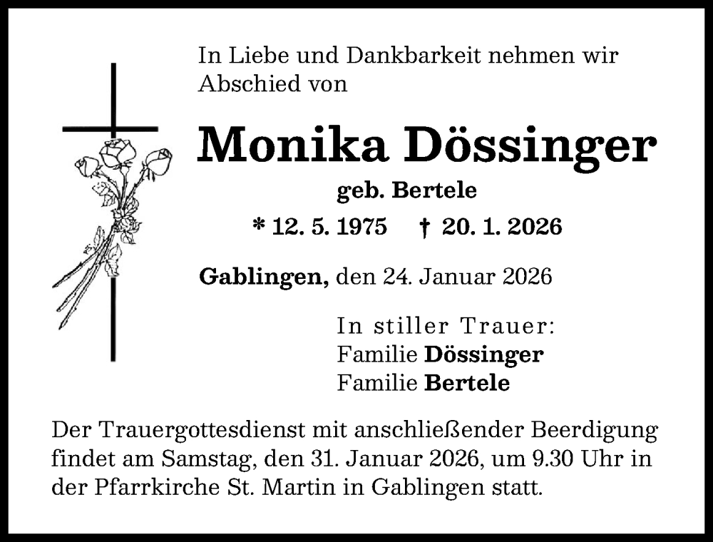 Traueranzeige von Monika Dössinger von Augsburg-Land