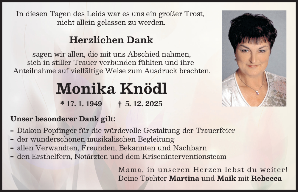  Traueranzeige für Monika Knödl vom 17.01.2026 aus Friedberger Allgemeine