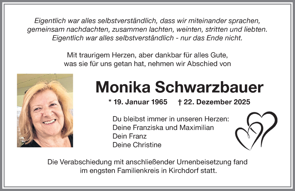  Traueranzeige für Monika Schwarzbauer vom 17.01.2026 aus Mindelheimer Zeitung