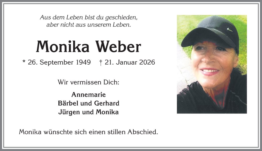  Traueranzeige für Monika Weber vom 31.01.2026 aus Mindelheimer Zeitung