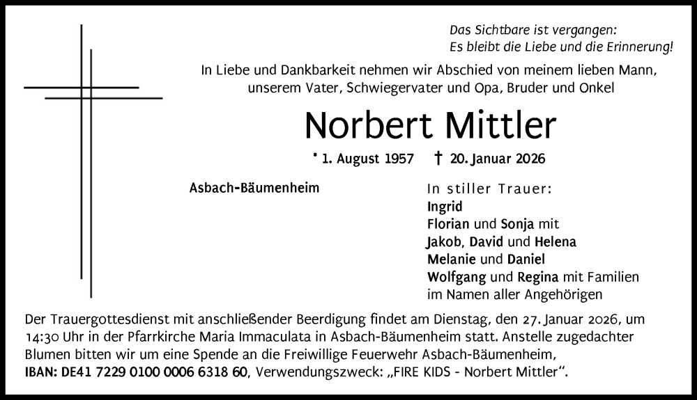  Traueranzeige für Norbert Mittler vom 23.01.2026 aus Donauwörther Zeitung