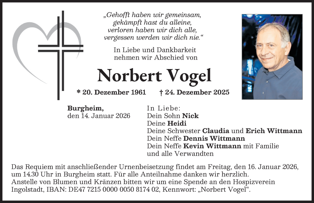  Traueranzeige für Norbert Vogel vom 14.01.2026 aus Neuburger Rundschau