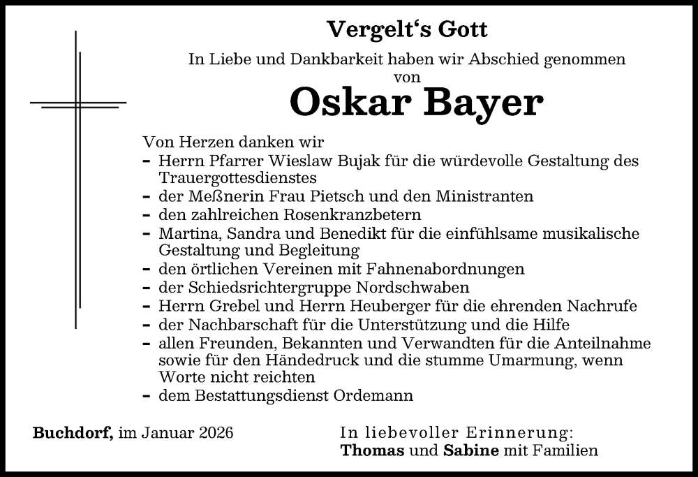  Traueranzeige für Oskar Bayer vom 24.01.2026 aus Donauwörther Zeitung