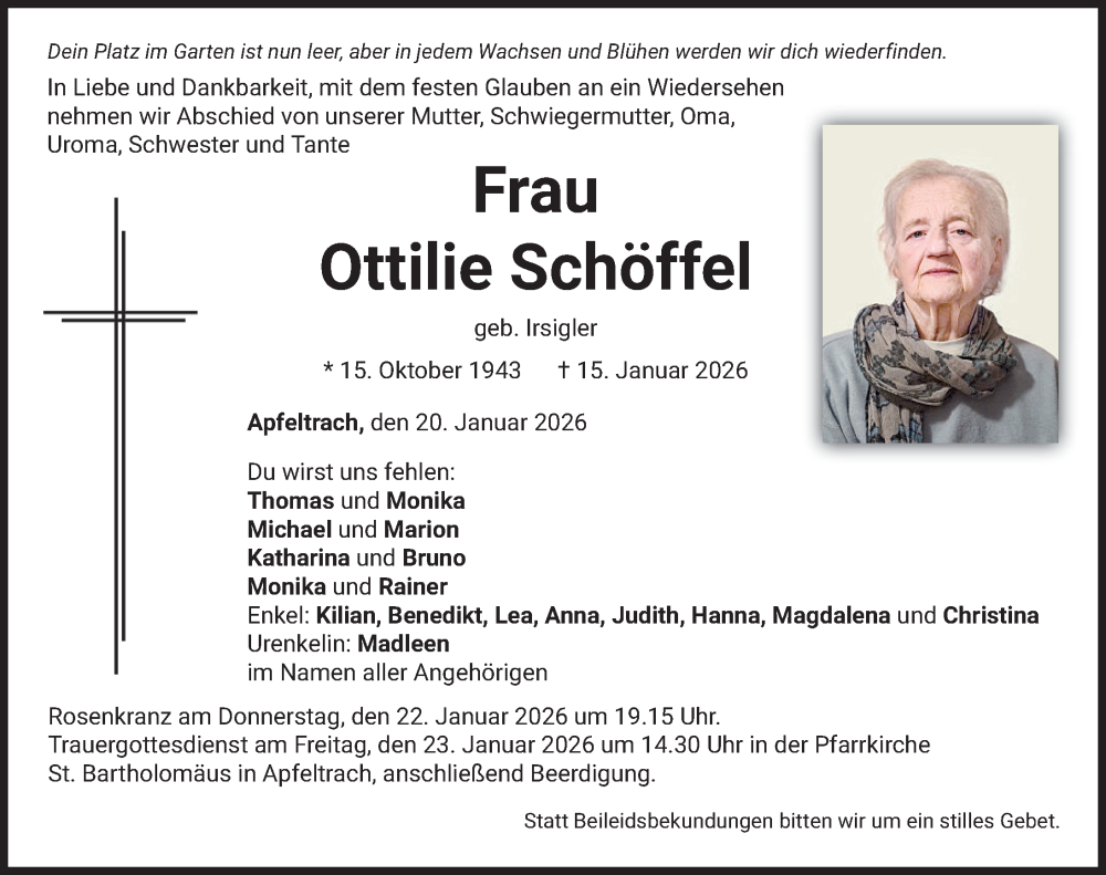  Traueranzeige für Ottilie Schöffel vom 20.01.2026 aus Mindelheimer Zeitung