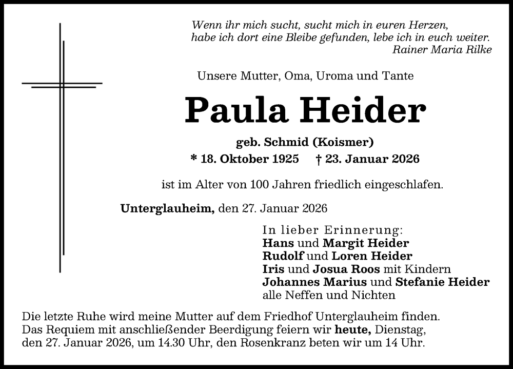  Traueranzeige für Paula Heider vom 27.01.2026 aus Donau Zeitung