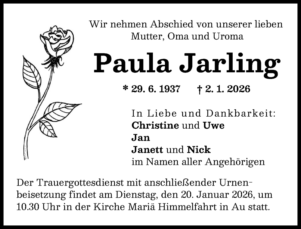  Traueranzeige für Paula Jarling vom 16.01.2026 aus Illertisser Zeitung