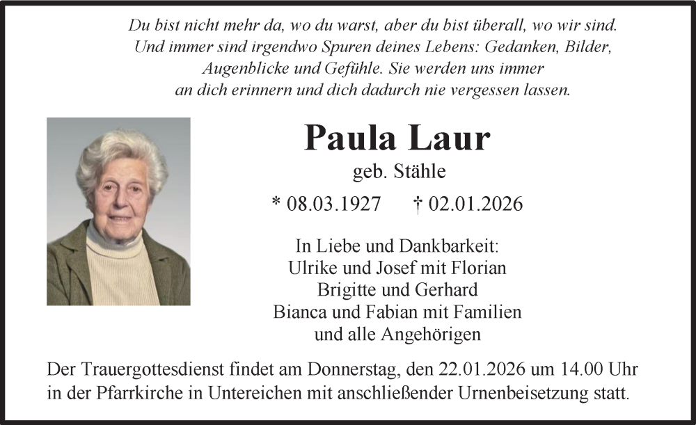  Traueranzeige für Paula Laur vom 19.01.2026 aus Illertisser Zeitung