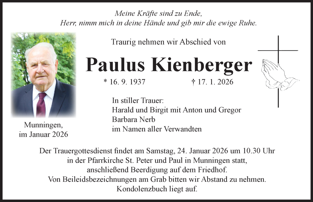  Traueranzeige für Paulus Kienberger vom 22.01.2026 aus Rieser Nachrichten