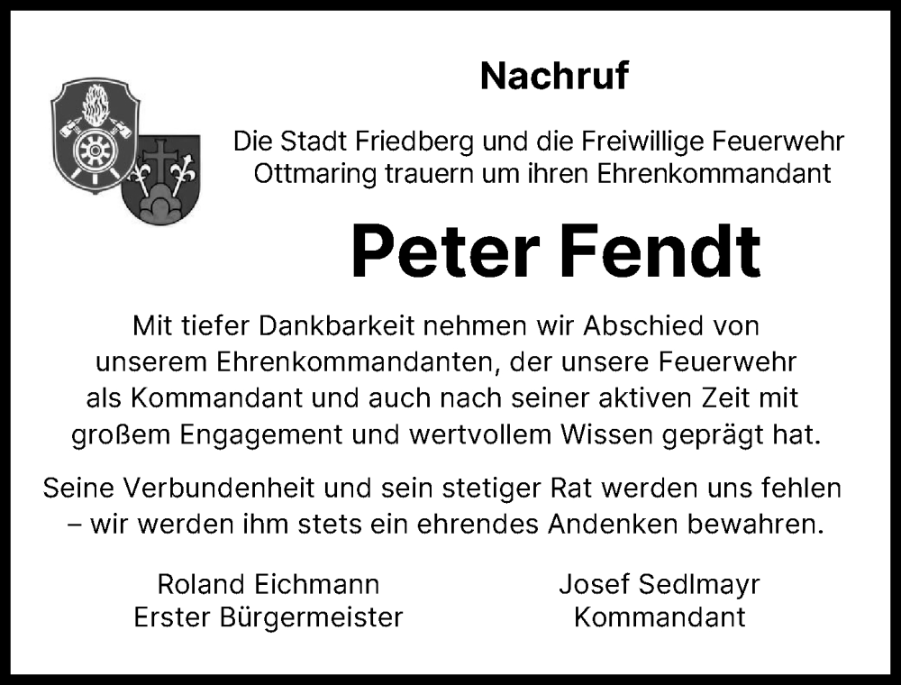  Traueranzeige für Peter Fendt vom 17.01.2026 aus Friedberger Allgemeine
