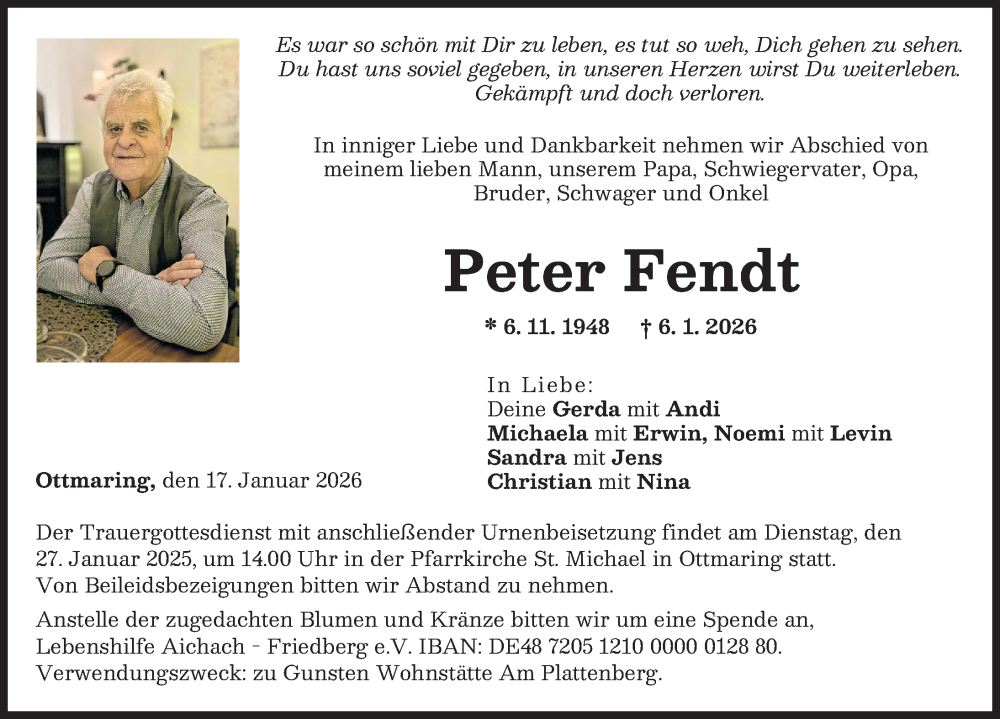  Traueranzeige für Peter Fendt vom 17.01.2026 aus Friedberger Allgemeine