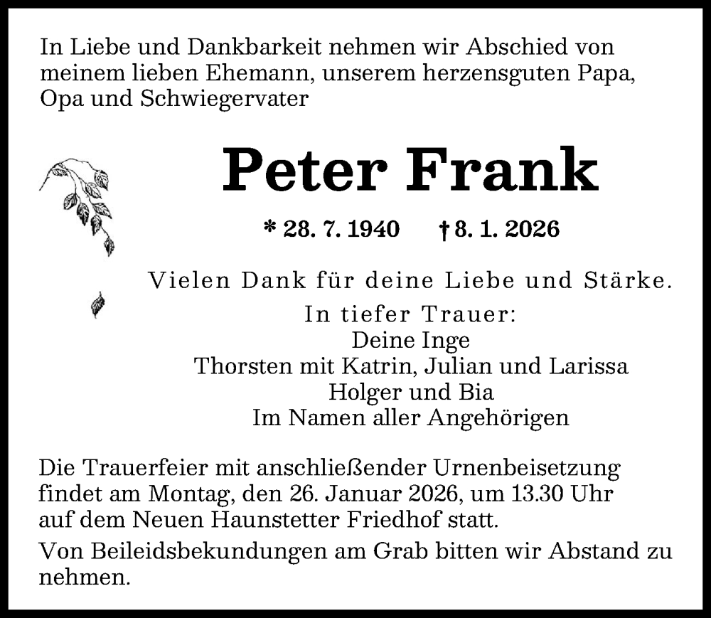  Traueranzeige für Peter Frank vom 24.01.2026 aus Augsburger Allgemeine