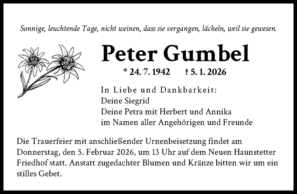  Traueranzeige für Peter Gumbel vom 31.01.2026 aus Augsburger Allgemeine