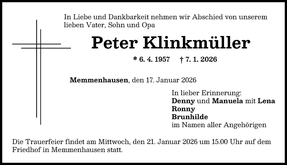  Traueranzeige für Peter Klinkmüller vom 17.01.2026 aus Mittelschwäbische Nachrichten