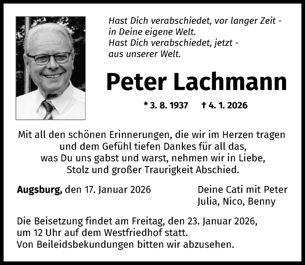  Traueranzeige für Peter Lachmann vom 17.01.2026 aus Augsburger Allgemeine