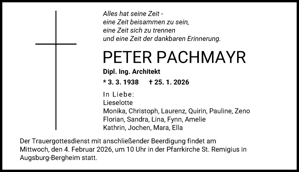  Traueranzeige für Peter Pachmayr vom 31.01.2026 aus Augsburger Allgemeine