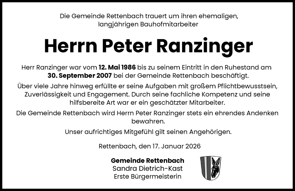  Traueranzeige für Peter Ranzinger vom 17.01.2026 aus Günzburger Zeitung