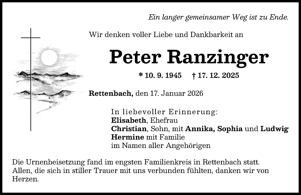  Traueranzeige für Peter Ranzinger vom 17.01.2026 aus Günzburger Zeitung